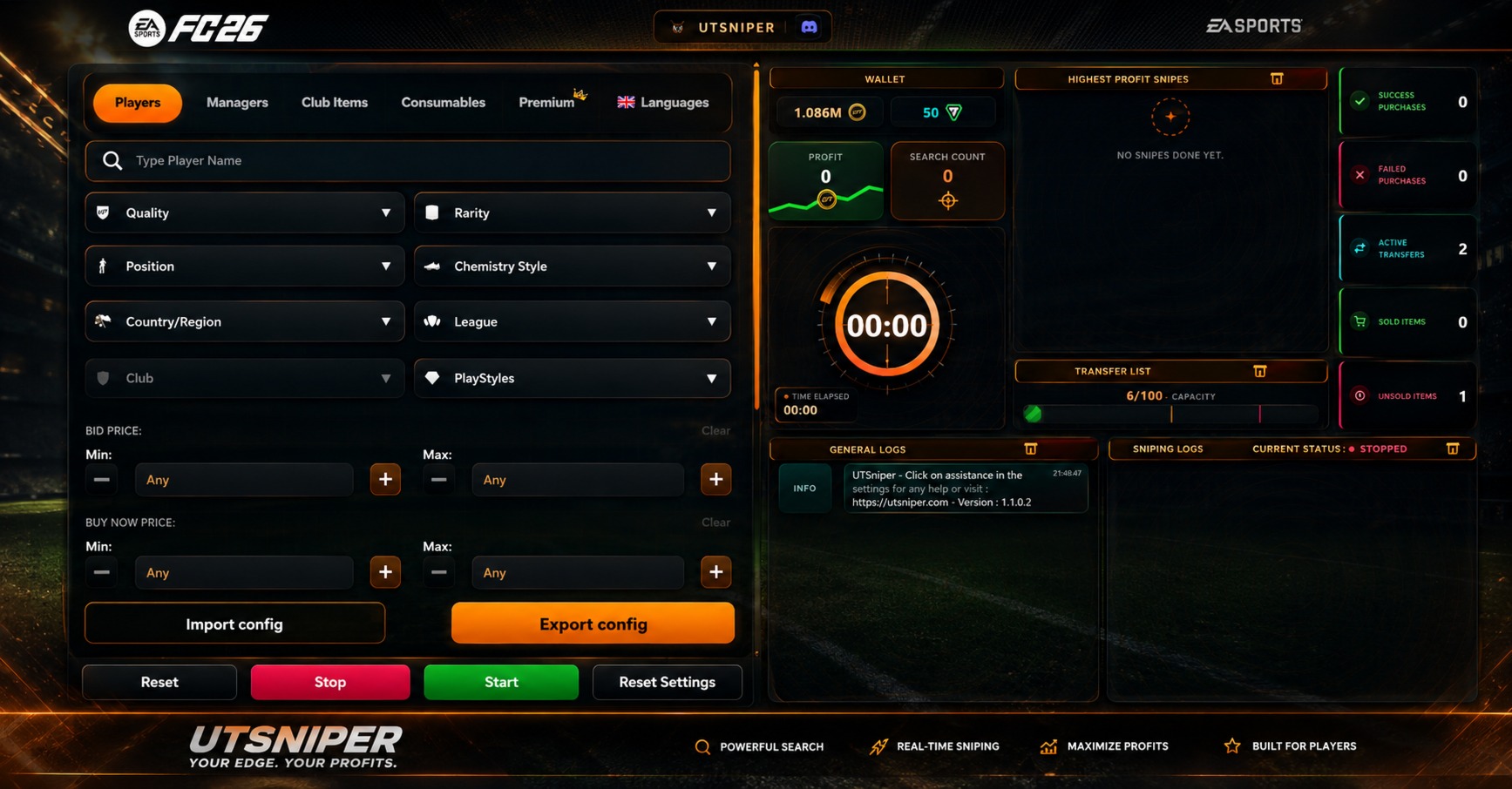 UTSniper — FC 27 sniping bot and autobuyer interface: player search filters, live wallet, profit tracking and real-time sniping logs